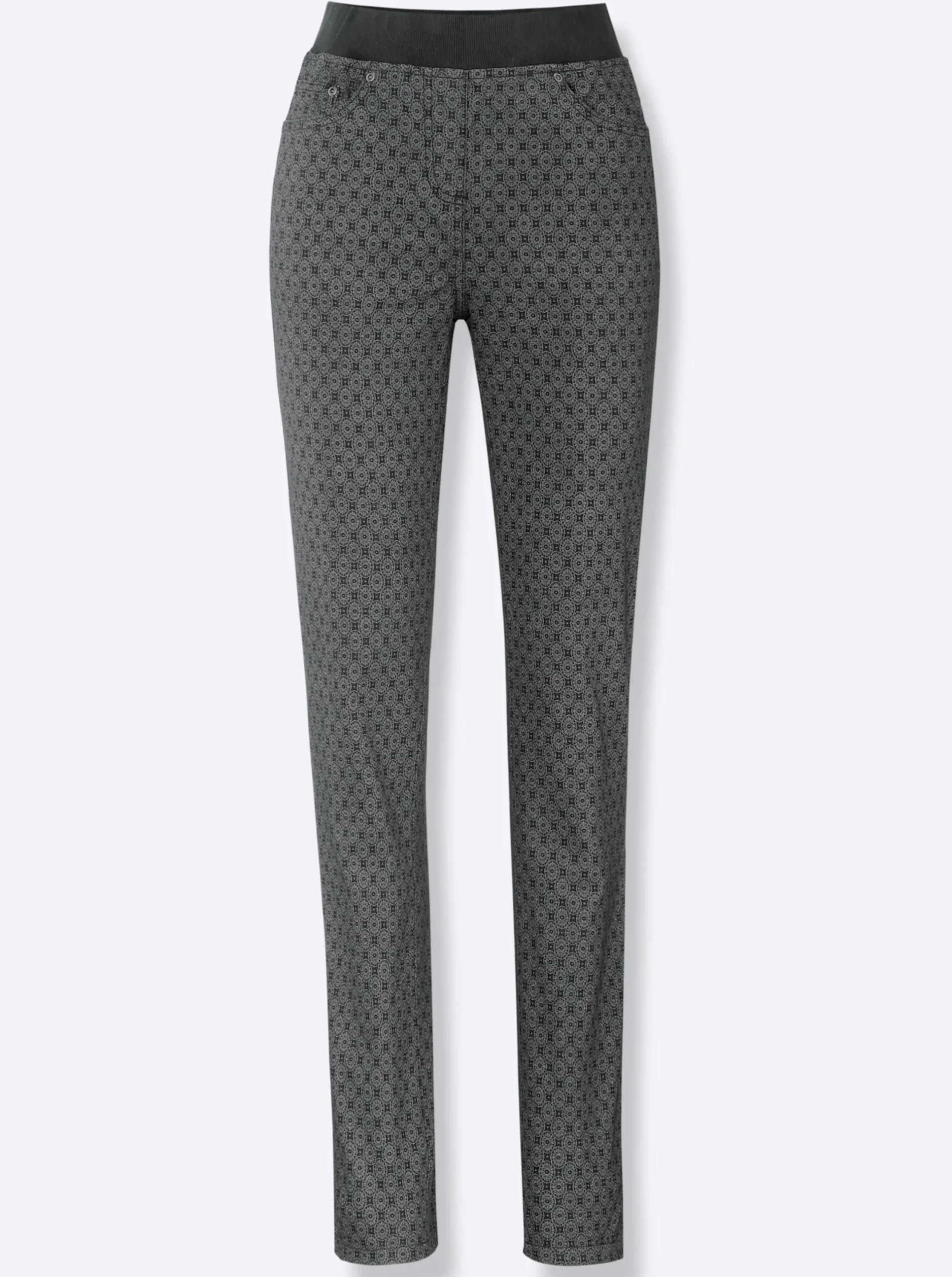 Jeans| Schlupfjeans mit geripptem Strick-Dehnbund grey-denim-bedruckt
