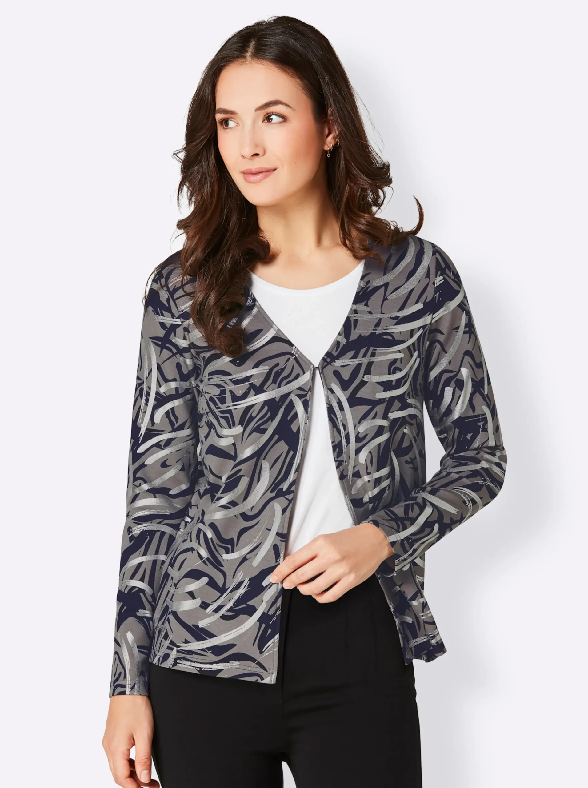 Jacken|CREATION L PREMIUM Shirtjacke grau-marine-bedruckt