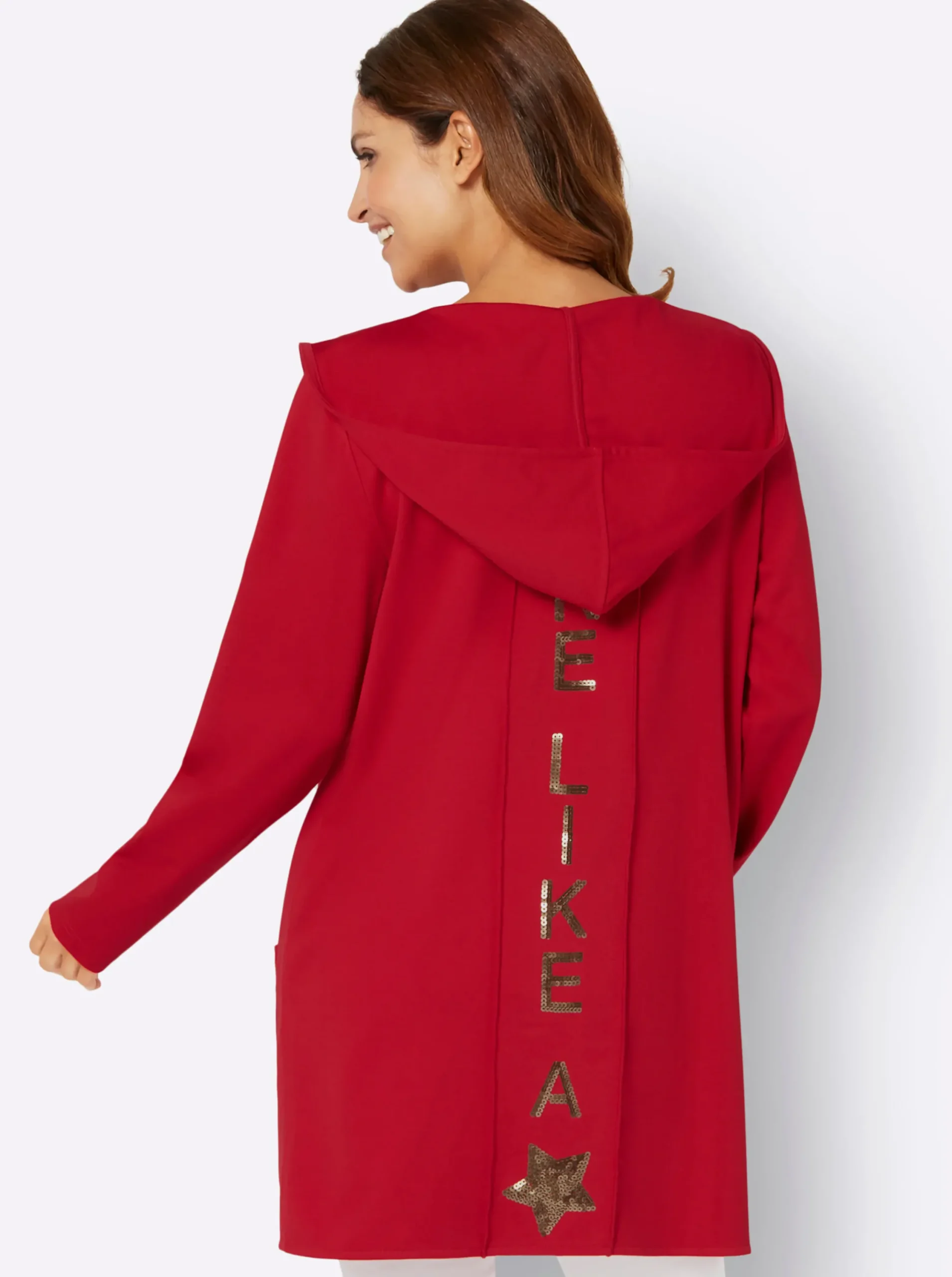 Jacken|Strickjacken| Shirtjacke mit Pailletten-Schriftzug hinten rot