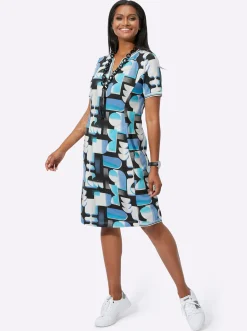 Kleider| Shirtkleid in bedruckter Sweat-Qualität türkis-schwarz-bedruckt