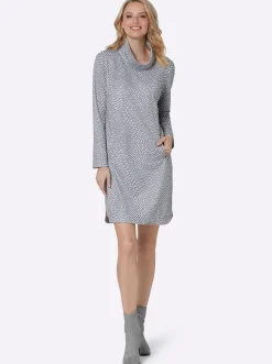 Kleider| Shirtkleid mit abgerundeten Seitenschlitzen steingrau-ecru-bedruckt
