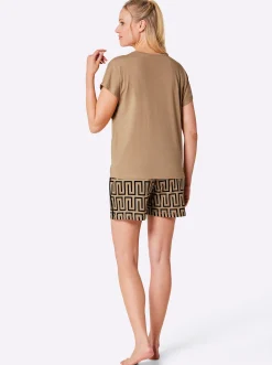 Nachtwäsche|wäschepur Shorty camel-schwarz-bedruckt