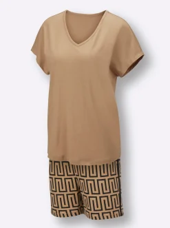 Nachtwäsche|wäschepur Shorty camel-schwarz-bedruckt