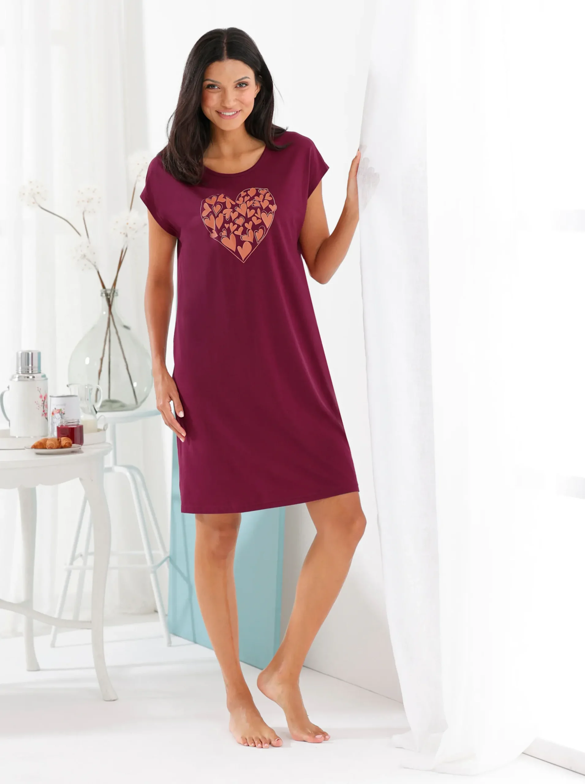 Nachtwäsche|wäschepur Sleepshirts bordeaux-bedruckt+papaya-bedruckt