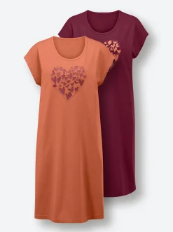 Nachtwäsche|wäschepur Sleepshirts bordeaux-bedruckt+papaya-bedruckt