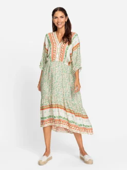 Strandkleider| Sommerkleid ecru-orange-gemustert