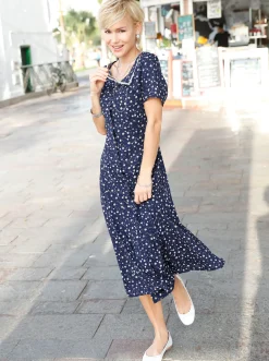 Kleider| Sommerkleid mit Bindebändern, figurumspielend marine-geblümt