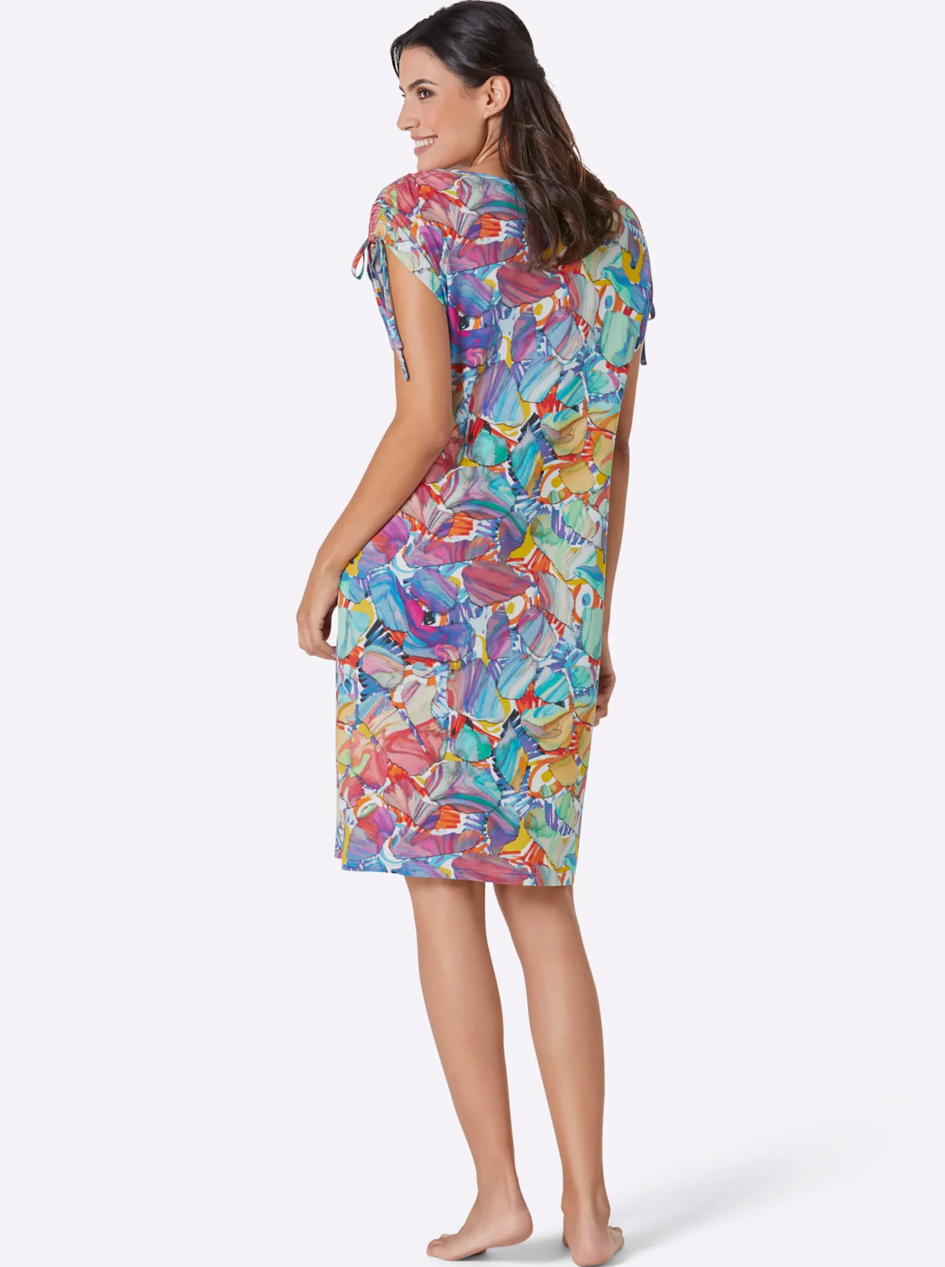 Strandkleider|feel good Sommerkleid mit Raff-Bändern an den Schultern fuchsia-türkis-bedruckt