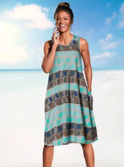 Strandkleider|Kleider|feel good Sommerkleid mit seitlichen Taschen aquamarin-gemustert