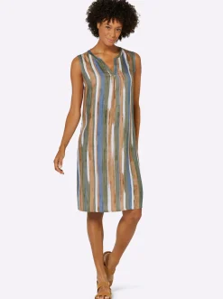 Strandkleider|Kleider| Sommerkleid mit V-Ausschnitt khaki-camel-bedruckt