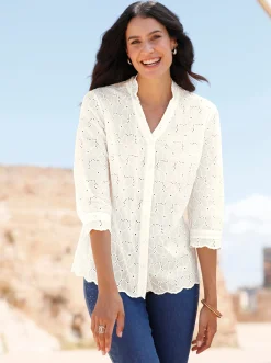 Blusen| Spitzenbluse mit Stehkragen ecru