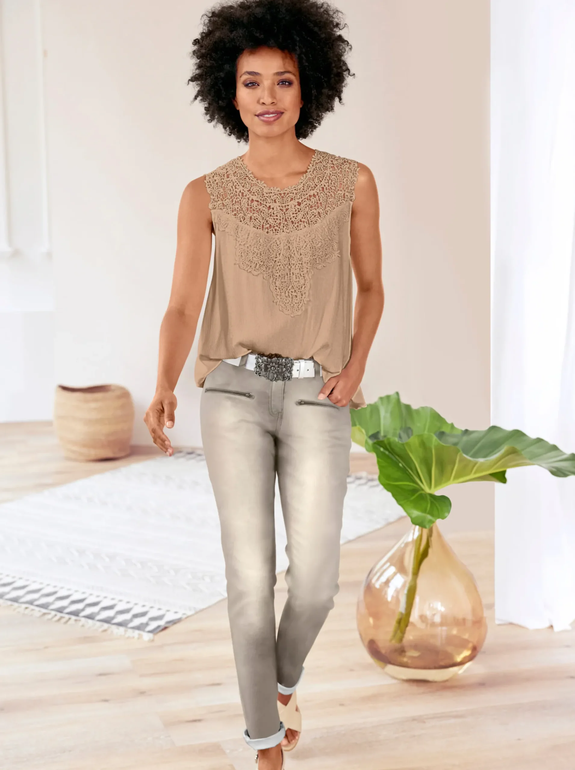 Blusen|Shirts|heine Spitzentop in Crinkle-Optik sesam