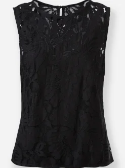 Shirts|Blusen|heine Spitzentop mit Schlingenknopfverschluss im Nacken schwarz
