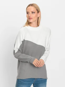 Pullover|heine Stehkragenpullover steingrau-ecru-gemustert