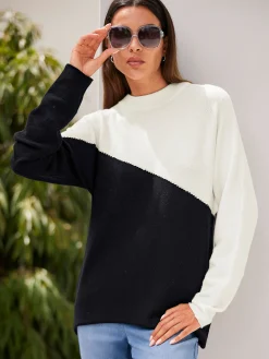 Pullover|heine Stehkragenpullover schwarz-ecru-gemustert