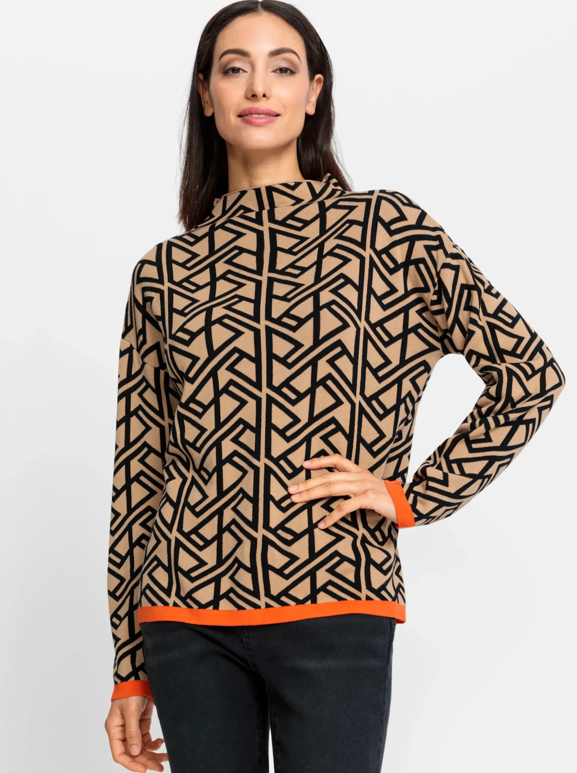Pullover|heine Stehkragenpullover im grafischen Dessin camel-schwarz-gemustert