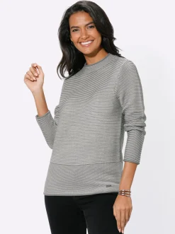 Pullover| Stehkragenpullover im Linksstrick-Dessin grau-ecru-geringelt