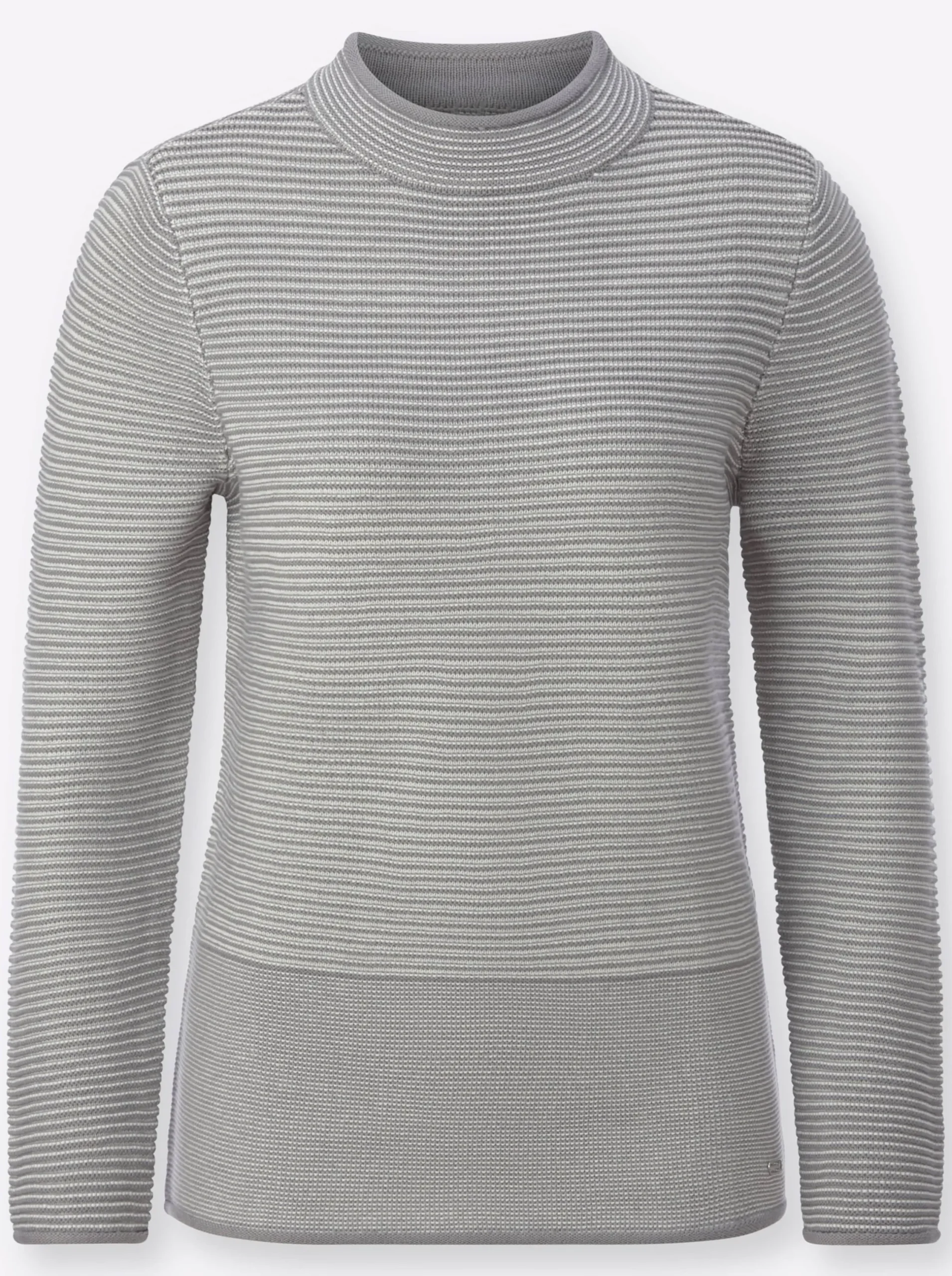 Pullover| Stehkragenpullover im Linksstrick-Dessin grau-ecru-geringelt