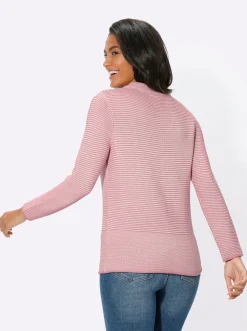 Pullover| Stehkragenpullover im Linksstrick-Dessin altrosa-ecru-geringelt