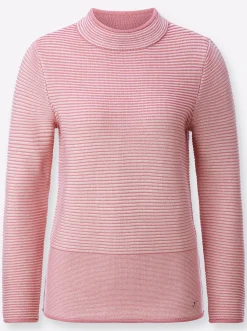 Pullover| Stehkragenpullover im Linksstrick-Dessin altrosa-ecru-geringelt