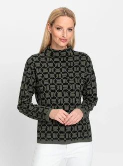 Pullover|heine Stehkragenpullover in grafischem Jacquard-Muster khaki-schwarz-gemustert