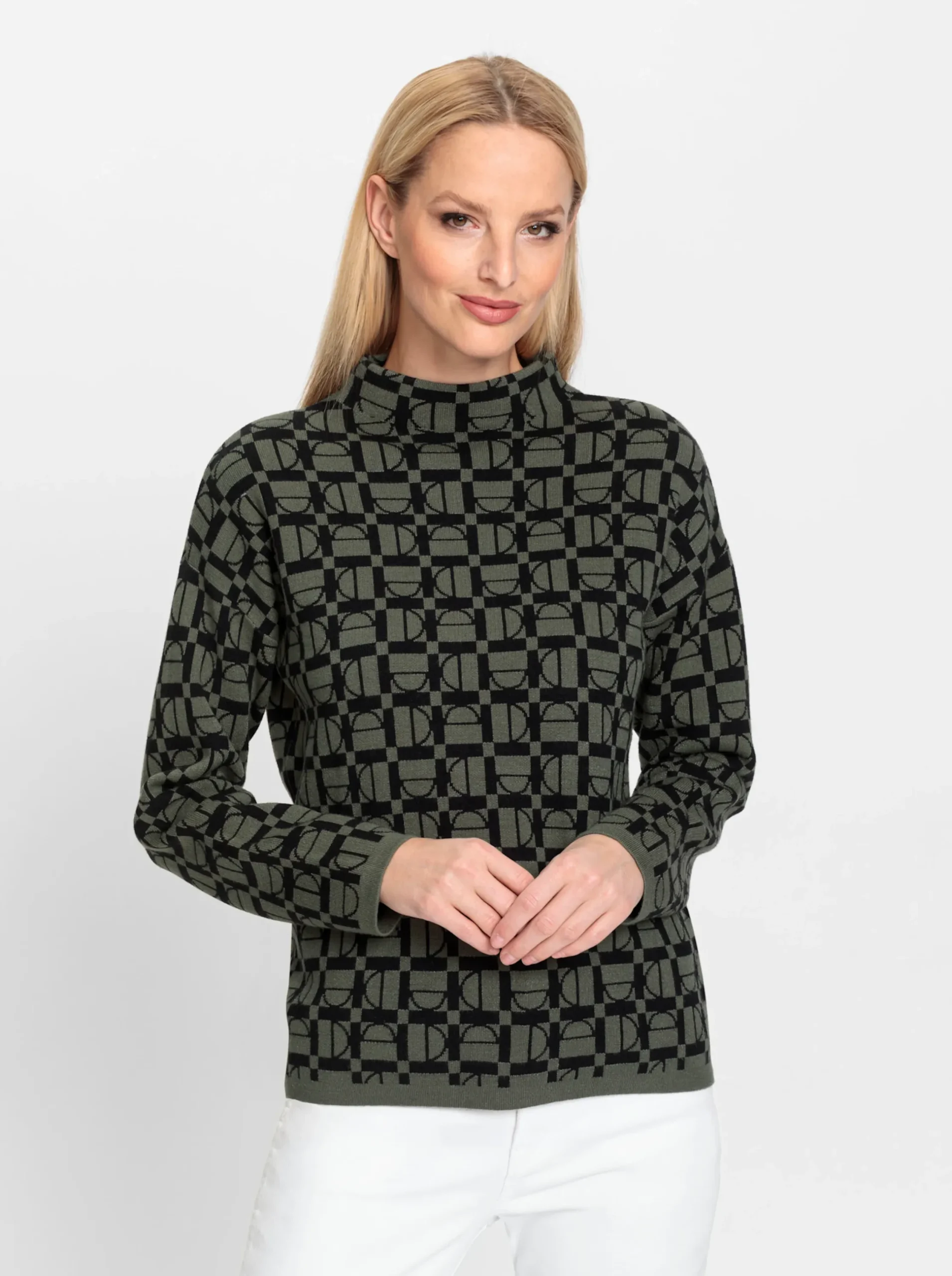 Pullover|heine Stehkragenpullover in grafischem Jacquard-Muster khaki-schwarz-gemustert