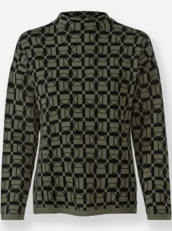 Pullover|heine Stehkragenpullover in grafischem Jacquard-Muster khaki-schwarz-gemustert