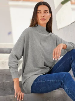 Pullover|heine Stehkragenpullover mit Fledermaus-Ärmel grau-meliert