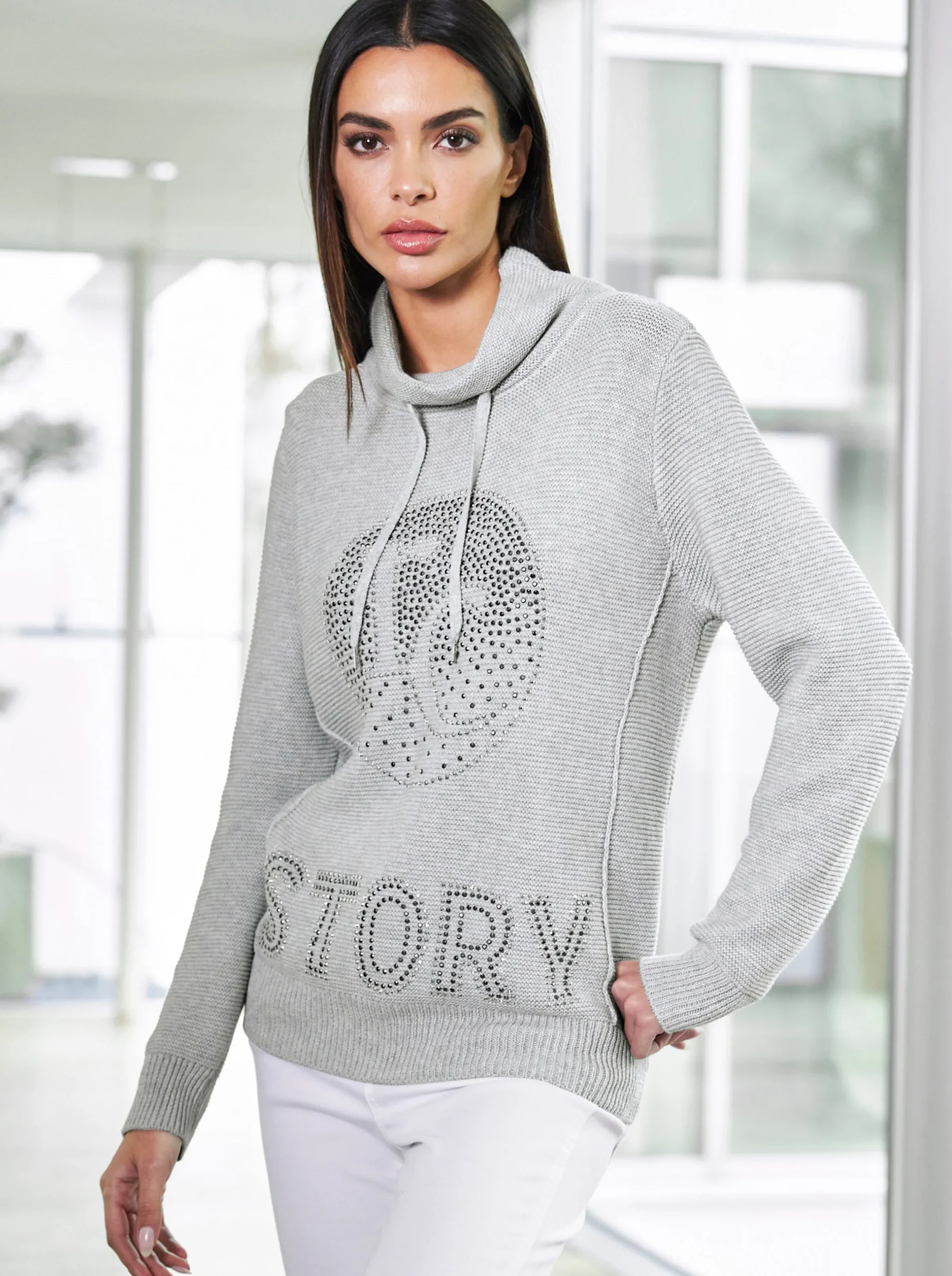Pullover|heine Stehkragenpullover mit Glitzer-Details hellgrau-meliert