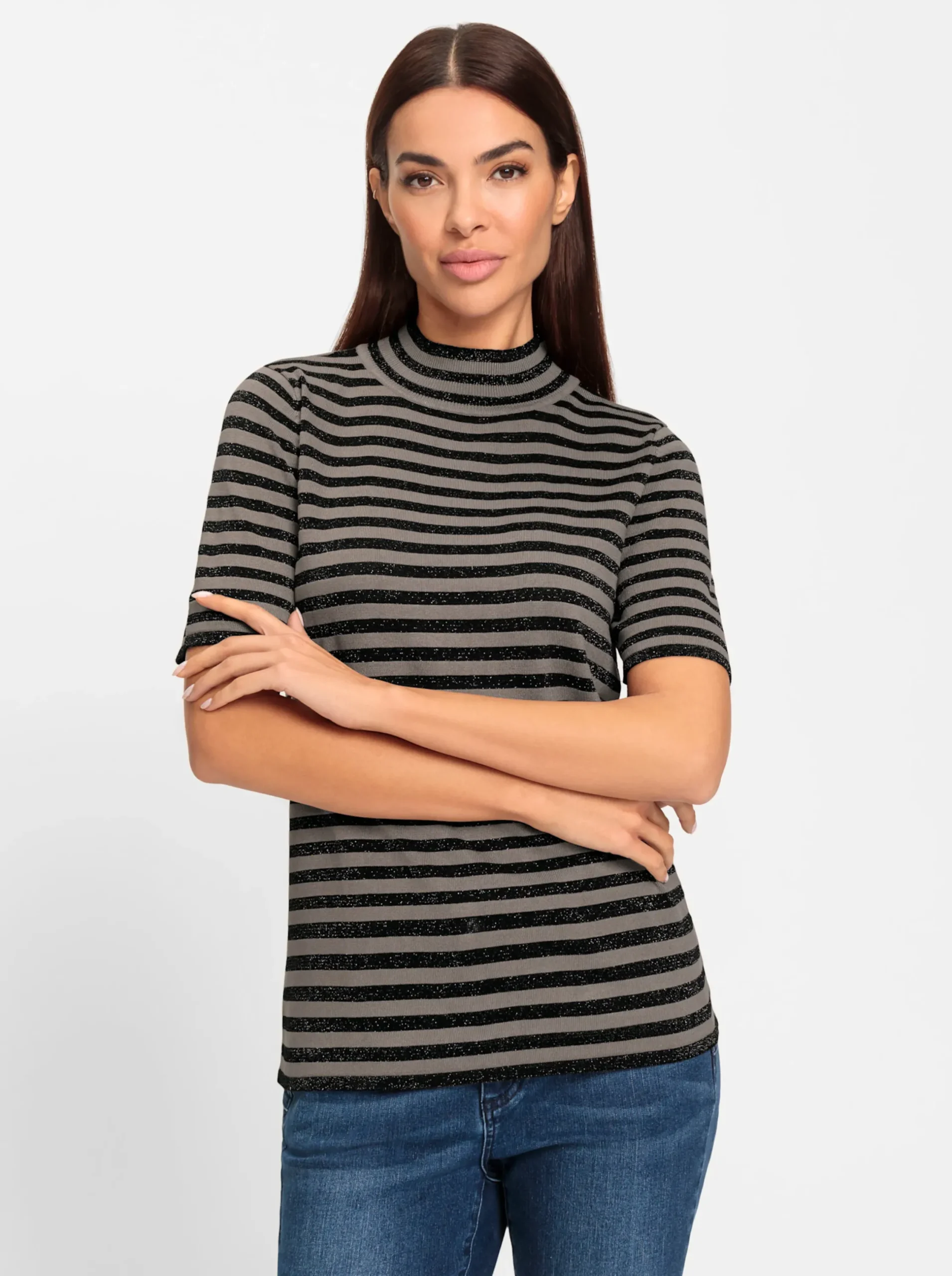 Pullover|heine Stehkragenpullover mit Ringel-Dessin schwarz-taupe-gestreift