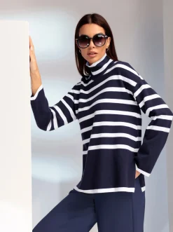 Pullover|heine Streifenpullover mit Stehkragen marine-ecru-geringelt