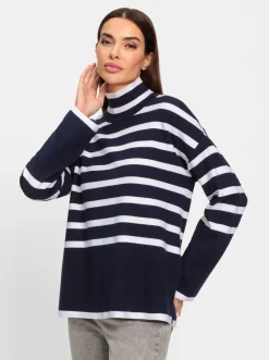 Pullover|heine Streifenpullover mit Stehkragen marine-ecru-geringelt