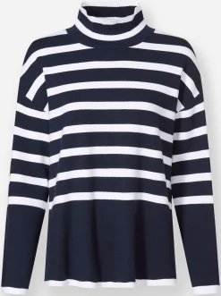 Pullover|heine Streifenpullover mit Stehkragen marine-ecru-geringelt