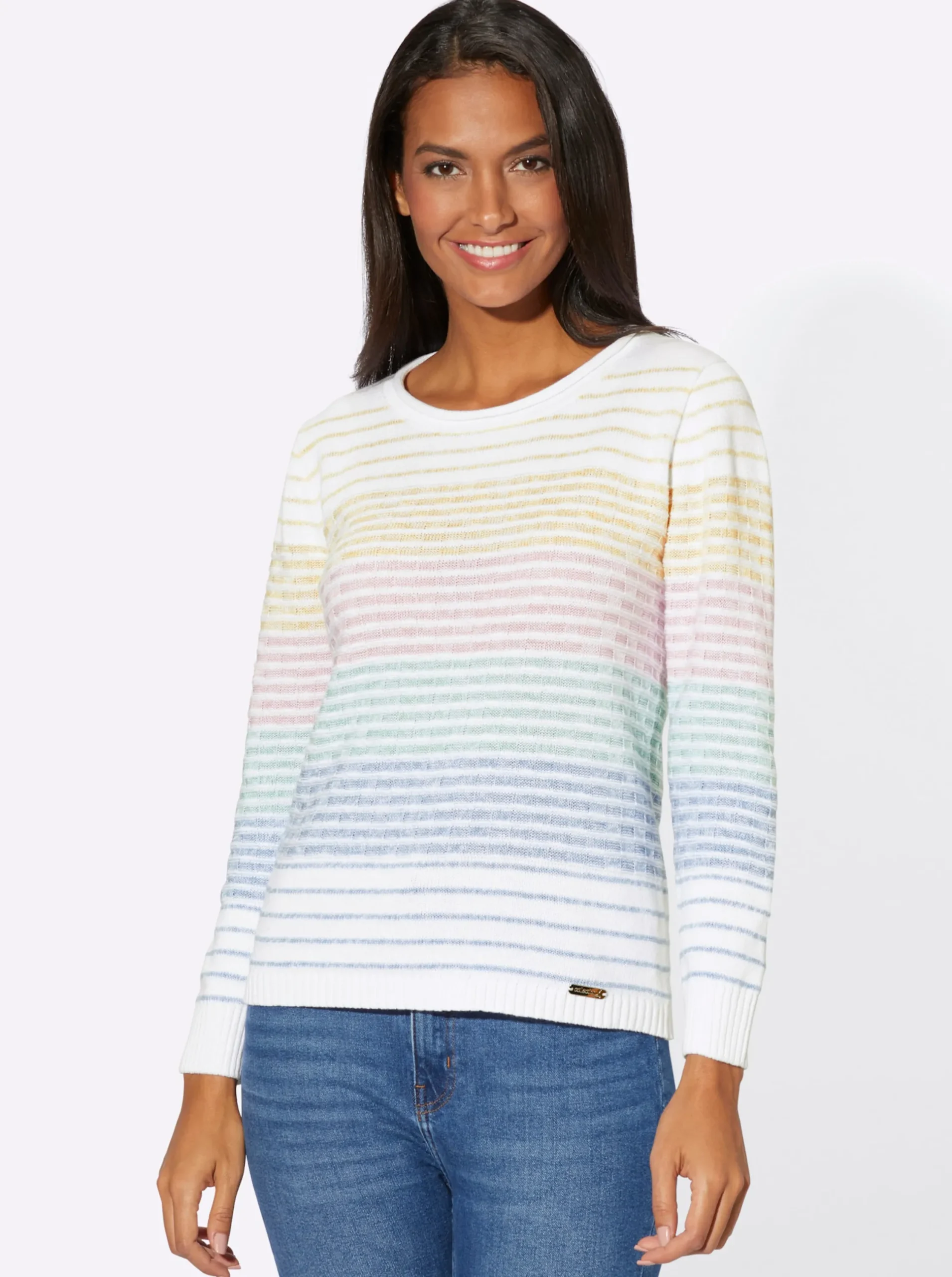 Pullover| Streifenpullover mit Strickmustern mint-rosé-gestreift