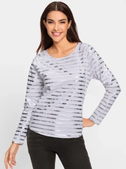 Shirts|heine Streifenshirt mit glänzendem Folienprint weiß-silberfarben-geringelt