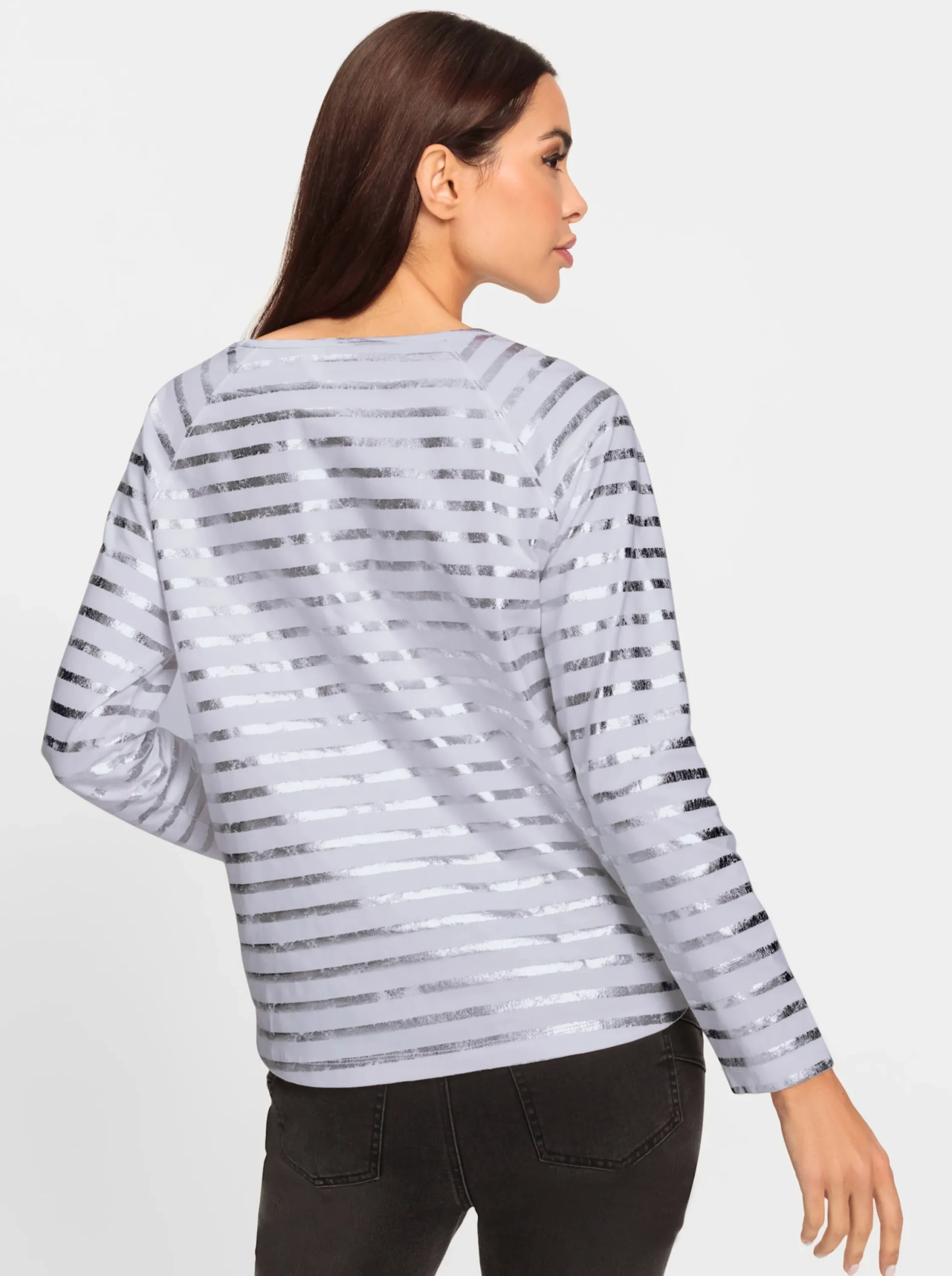 Shirts|heine Streifenshirt mit glänzendem Folienprint weiß-silberfarben-geringelt