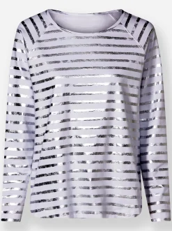 Shirts|heine Streifenshirt mit glänzendem Folienprint weiß-silberfarben-geringelt