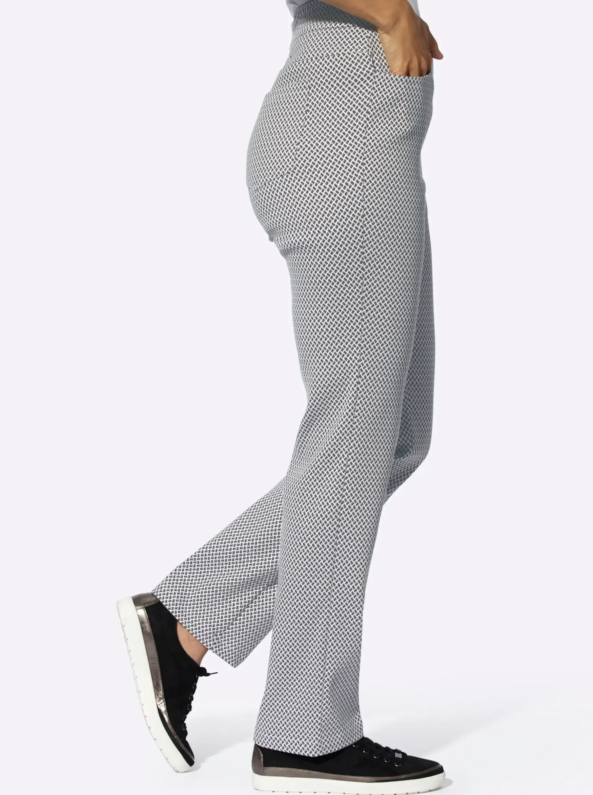 Hosen| Stretch-Hose in knitterarmer Koffer-Qualität anthrazit-ecru-gemustert