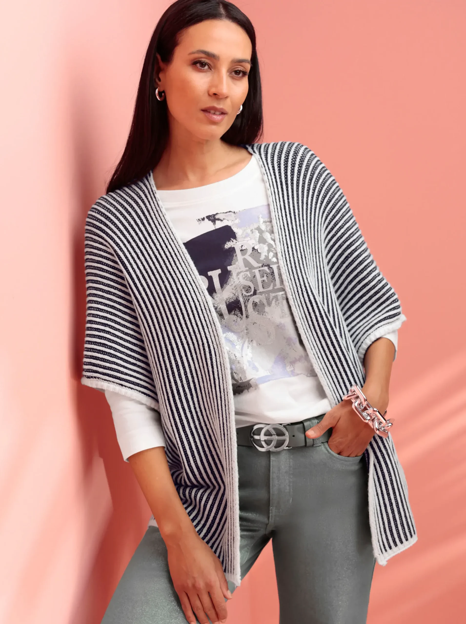 Jacken|heine Strickjacke marine-ecru-gestreift