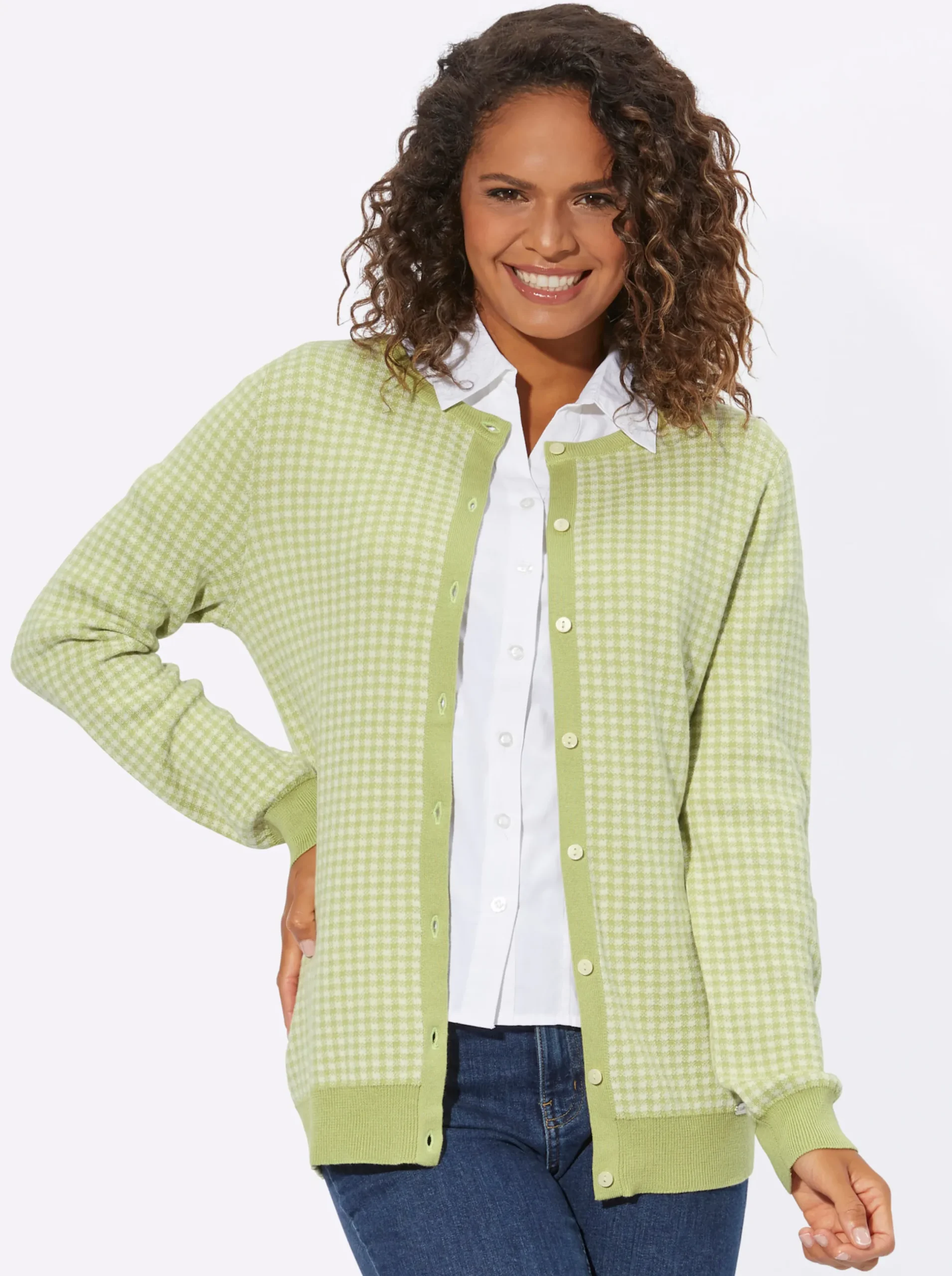 Strickjacken| Strickjacke lindgrün-ecru-kariert