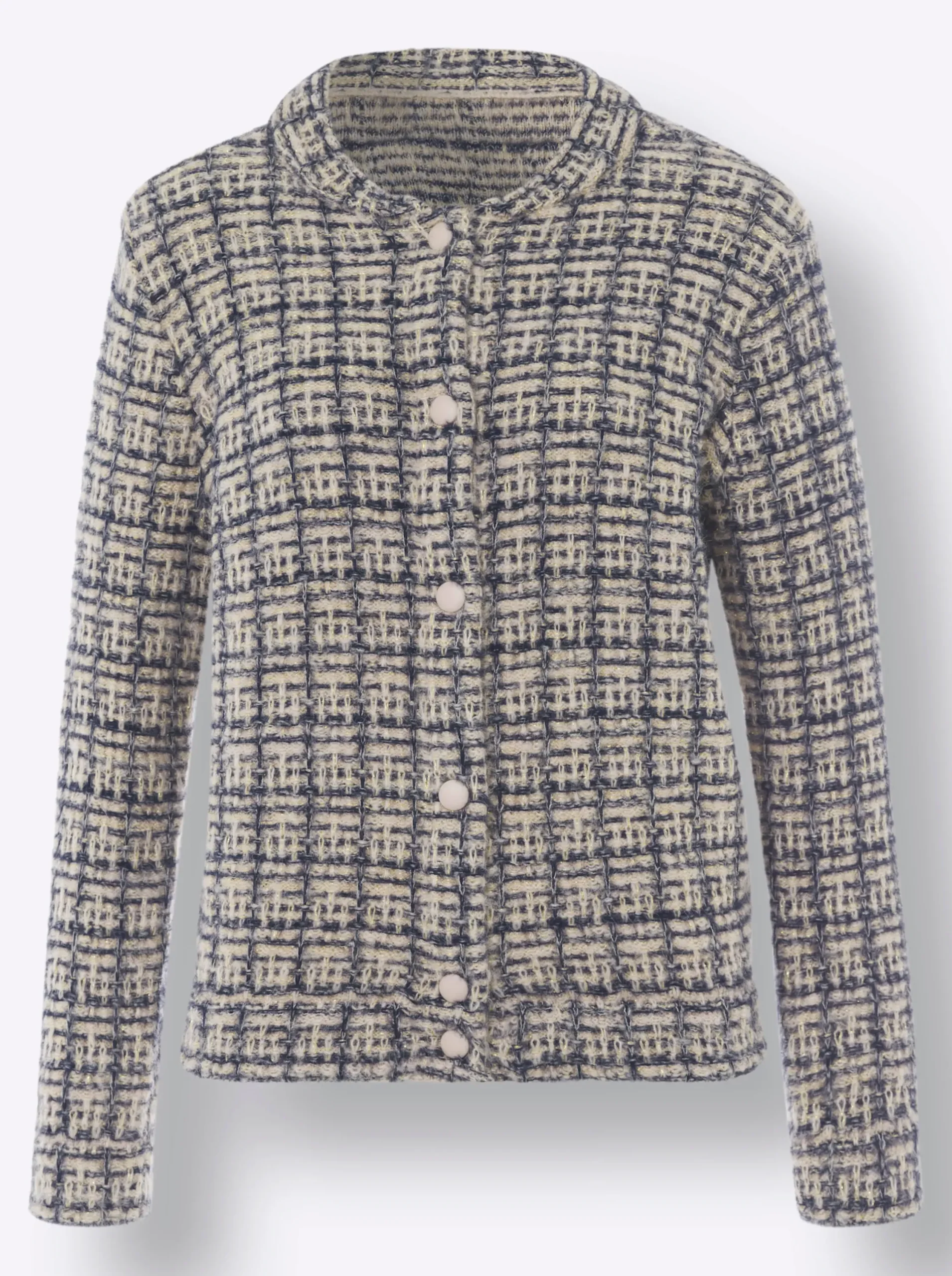 Strickjacken|heine Strickjacke in Blousonform dunkelblau-champagner-gemustert
