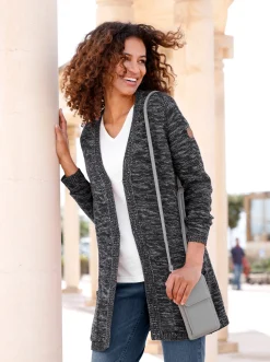 Strickjacken| Strickjacke in Longform, meliert schwarz-meliert