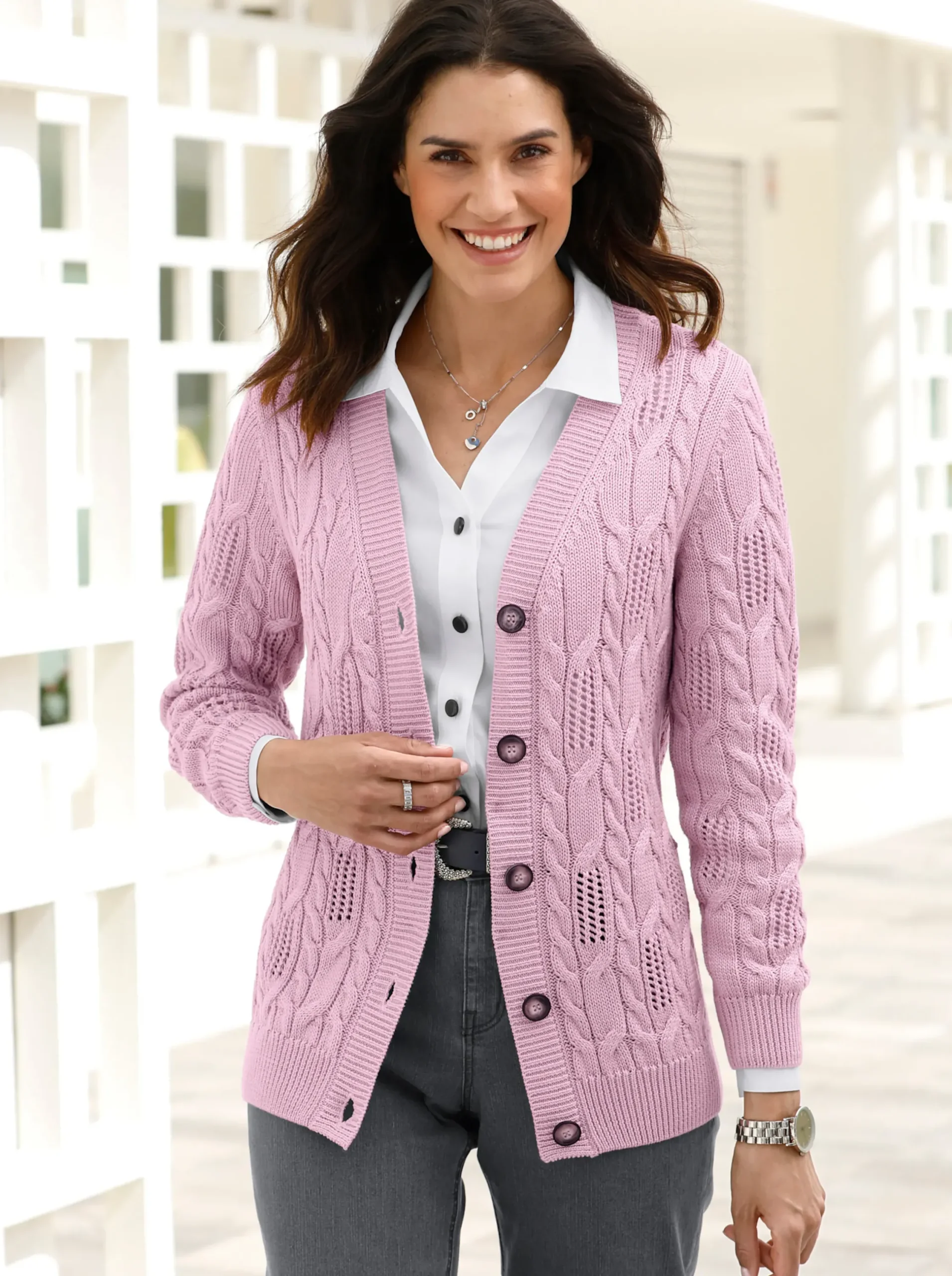 Strickjacken| Strickjacke mit Ajourmuster rosé