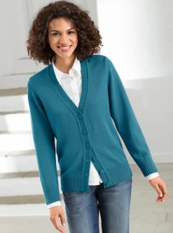Strickjacken| Strickjacke mit farblich abgestimmten Knöpfen petrol