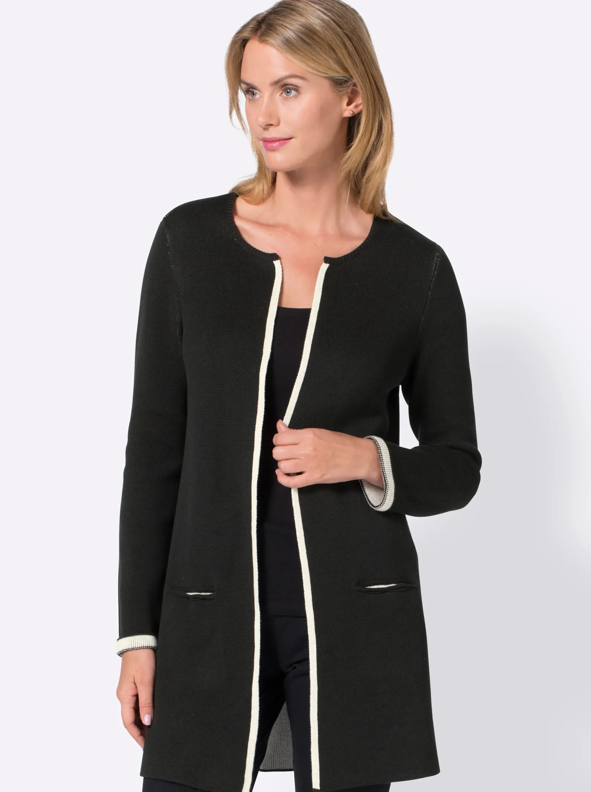 Strickjacken| Strickjacke mit fixiertem Ärmelaufschlag schwarz-ecru