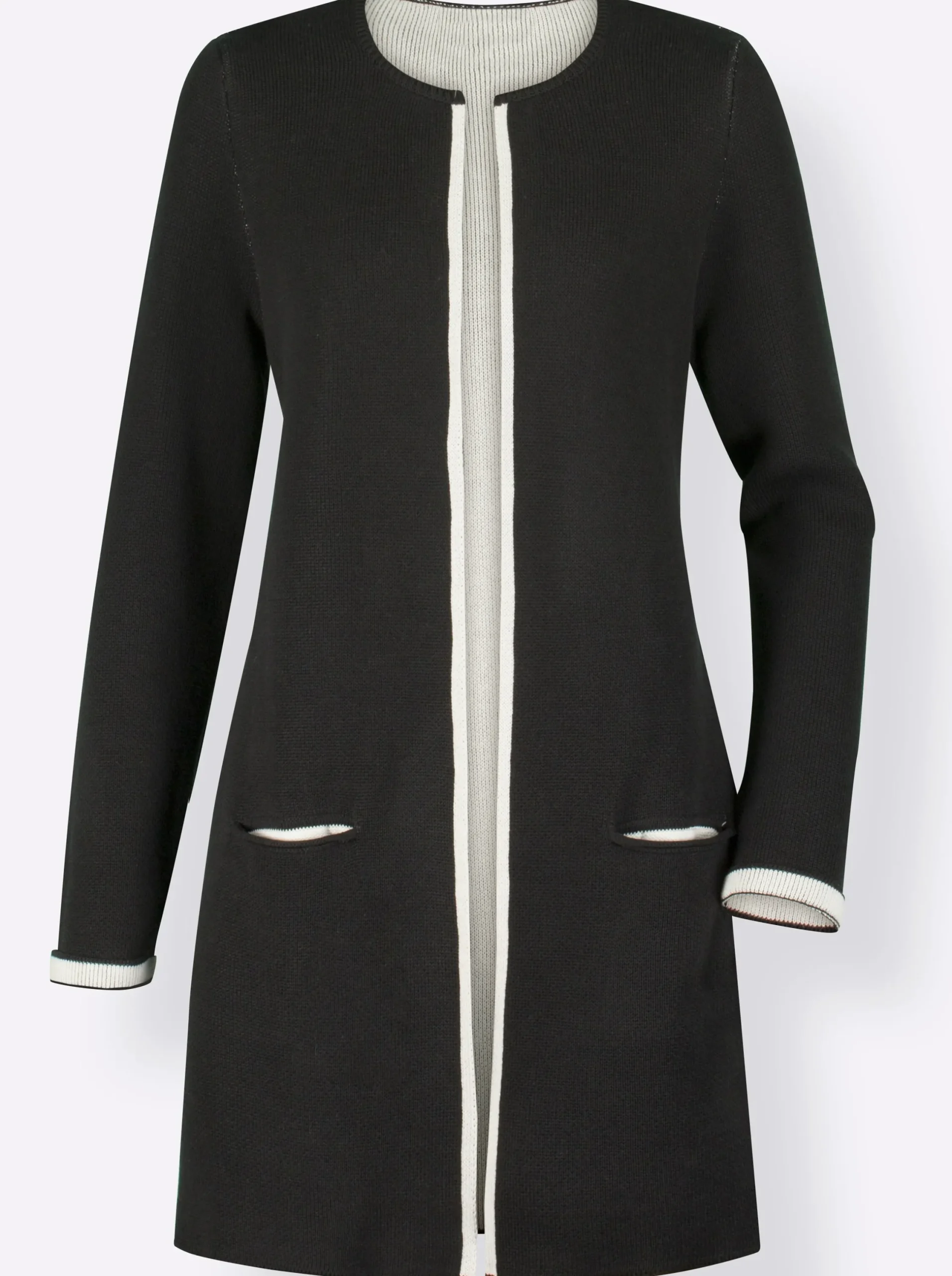 Strickjacken| Strickjacke mit fixiertem Ärmelaufschlag schwarz-ecru