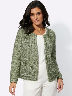 Strickjacken| Strickjacke mit Hakenverschluss ecru-khaki-gemustert