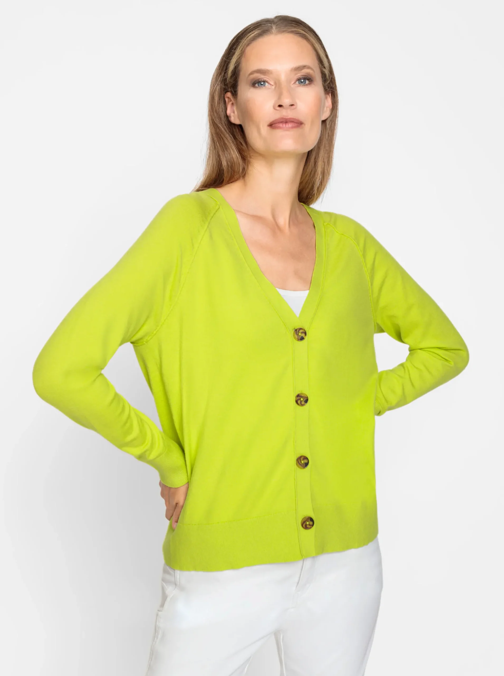Strickjacken|heine Strickjacke mit Knöpfen in Horn-Optik limone