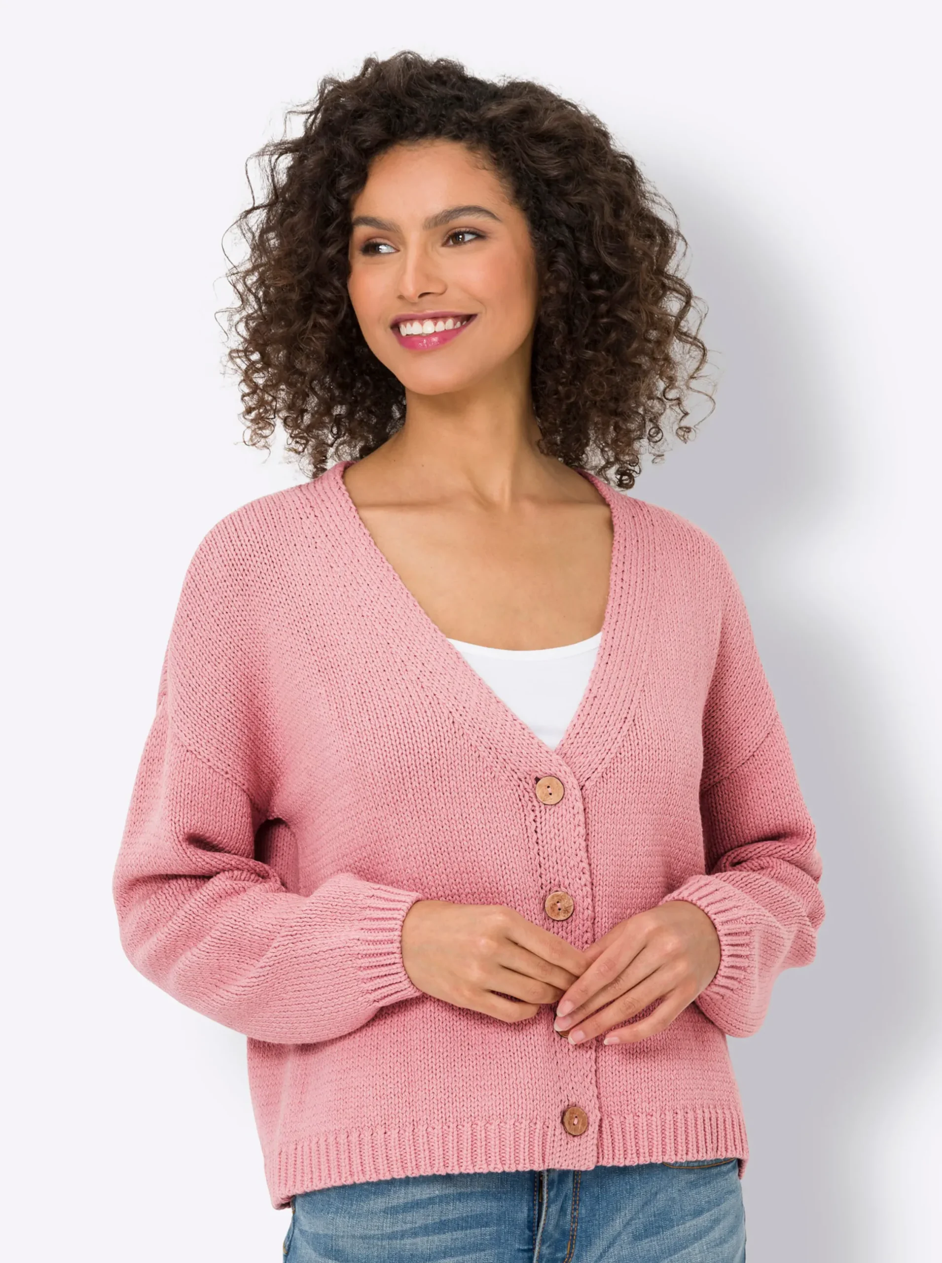 Strandmode|Strickjacken|heine Strickjacke mit Knöpfen in Holz-Optik rosé
