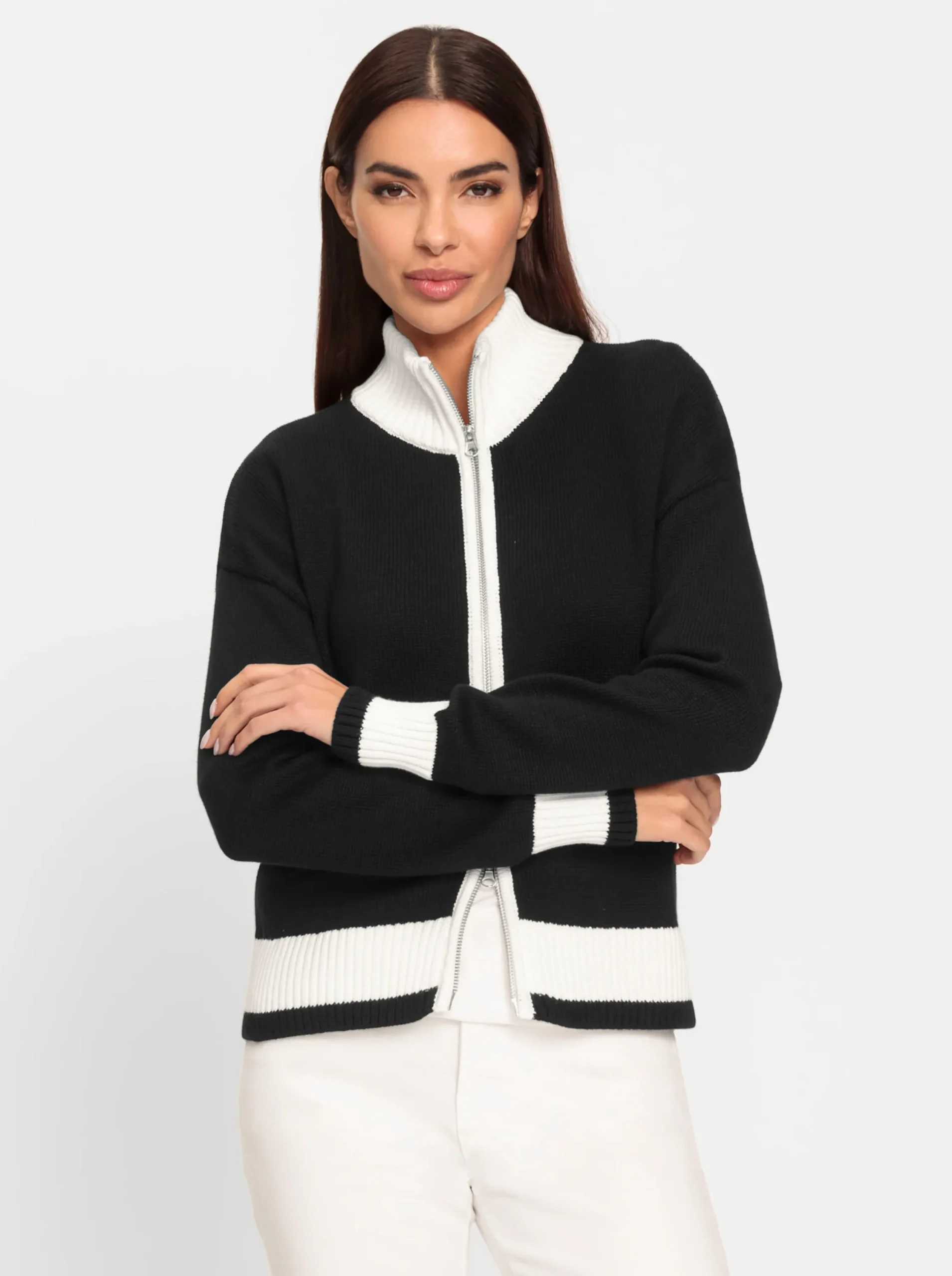 Strickjacken|heine Strickjacke mit Kontrast-Akzenten schwarz-ecru-gemustert